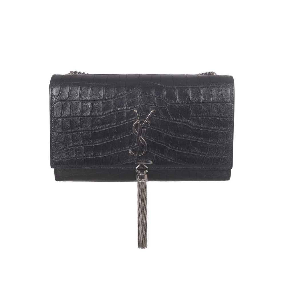 ♥️Saint Laurent Paris Pompom Kate Medium Black Croc-Embossed Leather Crossbody B